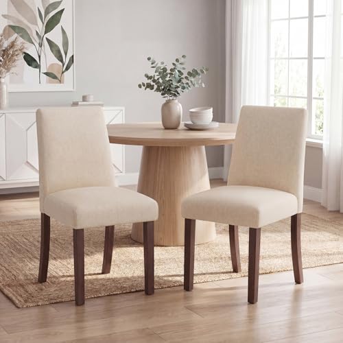 Image of Upholstered Dining Chairs Set of 2, Mid-Century Dining Room Chairs with Wooden Legs, Farmhouse Fabric Parsons Chairs for Small Space Restaurant & Cafe- Beige