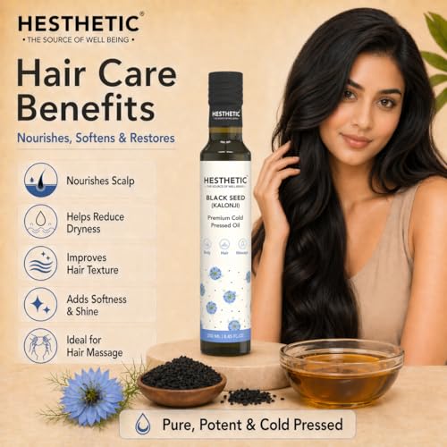 Image of HESTHETIC Cold Pressed Black Seed Oil Pack of 2 x 250ml for Hair, Skin & Scalp | Pure Kalonji (Nigella Sativa) Beauty Oil - Thymoquinone Rich | Glass Bottle | Pre-Wash Ritual & Facial Massage Use