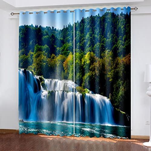SVTUSR Cortinas Aislantes Termicas Ventana para Infantil 2 Piezas con Ojales 140X160Cm 3D Paisaje De Cascada De Bosque Verde Patrón Cortinas Opacas Habitacion Salón Dormitorio Decoración De La Vent