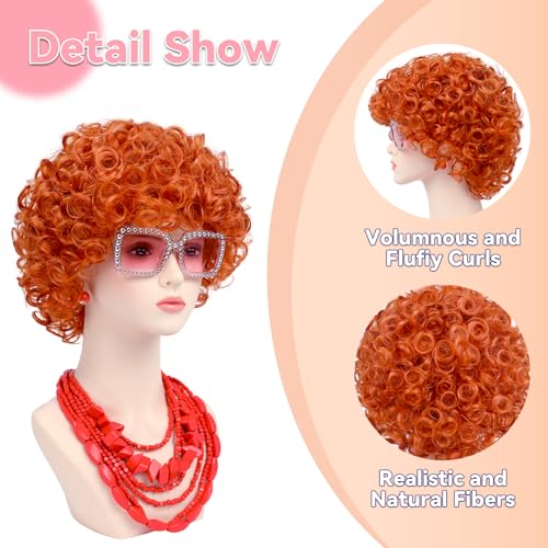 Image of Women Roper Curly Orange Red Cosplay Wig with Necklace Earrings and Sunglasses for Women Hallween Costume Wig