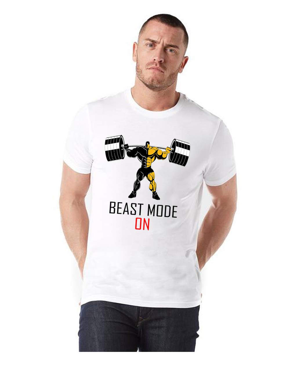 Blutec Men's Polyester Beast Mode On Design Printed Sports Round Neck T-Shirt (White)