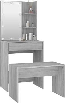 Dressing Table Set with LED Grey Sonoma Engineered Wood,Dressing Table with LED Lights, Vanity Table with Brightness Mirror, Makeup Desk with Drawers and Open shelves, Wooden Modern Bedroom Dres