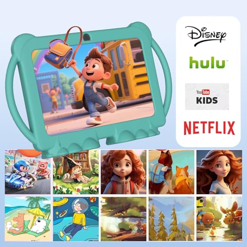 Image of HOTTABLET 7 Inch Android 12 Kids Tablet, 4GB RAM, 32GB ROM, 512GB Expansion, Parental Control, WiFi Bluetooth, Dual Camera with Silicone Case, 1PC (Green)