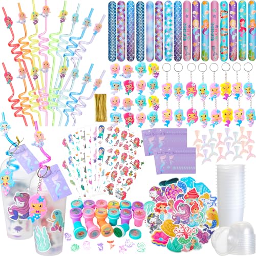 Qilery 267 Pcs Mermaid Party Favors Bags Birthday Includes Plastic Cup with Lid Straw Keychain Bracelet Ring Stamper Stickers Tag for Party Favors Piñata Filling