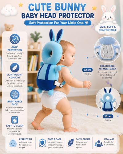 Image of NIBAR Baby Back Protector with Safety Helmet Combo, Blue Bunny Shape