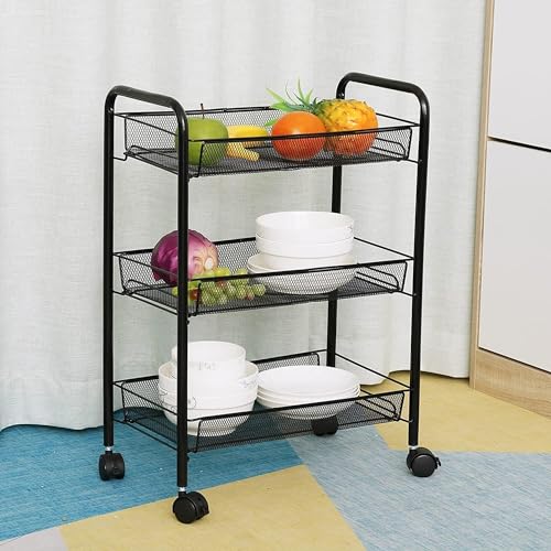 Image of Sulfar 3 Layer Multi Purpose Stainless Steel Rotating Kitchen Trolley Space-Saving Fruits Vegetables Storage Rack Organizer (Black)