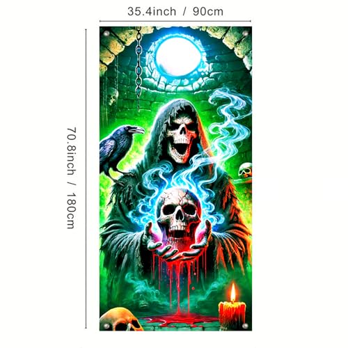 Image of BlissYard Halloween Door Cover Skull Skeleton 35x71 Inch Polyester | Door Banner, Wall Hanging | Skeleton Entry Decor, Skull Party Backdrop | Porch, Hallway, Photo Area (Gothic Art)