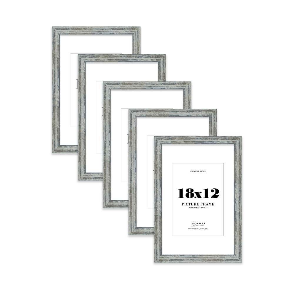 18x12" Distressed Blue Picture Frame with A4 Mount - Aged Photo Frame with Distressed Finish, Wall Hooks, 32mm Edge - 5 Pack