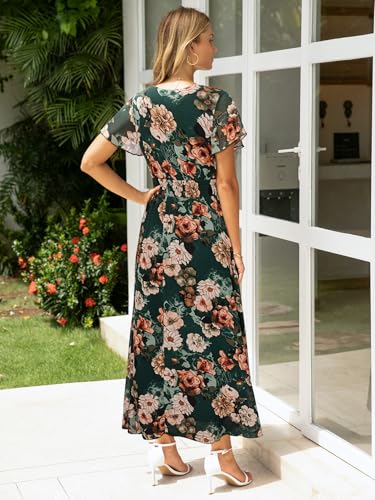 Image of Simplee Womens Floral Maxi Dress - Short Sleeve Summer Boho Wedding Guest Dress Empire Waist Chiffon Modest Midi Dresses