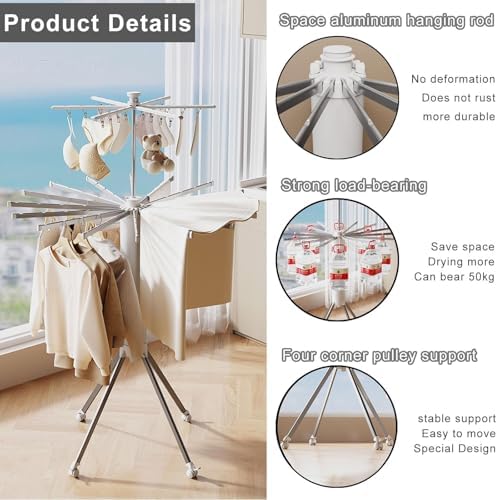Space Saving Hanger, Tripod Clothes Drying Rack Folding Indoor Portable, Laundry Drying Rack Clothing Collapsible No Assemble, 16 Drying Rod Capacity 50kg/110lb(Single L