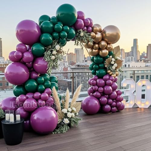 Purple Green and Champagne Gold Balloon Arch Kit – Double Stuffed Plum, Emerald, Hunter Green, and Metallic Champagne Balloons for Mardi Gras, Wedding, Birthday, Fall Party, Baby Shower