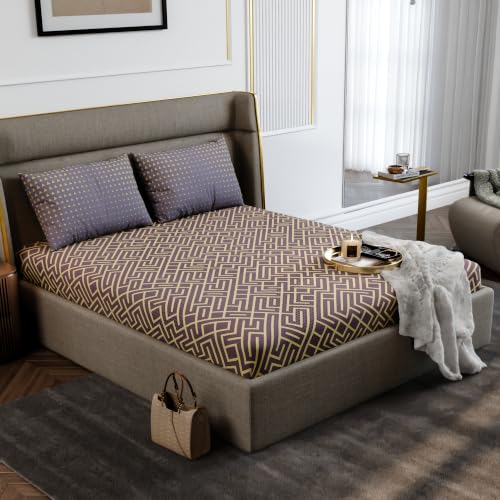 Image of Stoa Paris 100% Cotton King Size Fitted Bedsheet with 2 Pillow Covers, 180TC Printed Bedding Set, All-Season Comfort, Soft & Lightweight, Home Decor, Urbanscape - Marigold Maze (182cmx198cm+30cm)