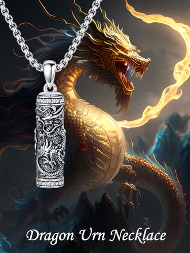 Urn Necklace for Men 925 Sterling Silver Bar Cylinder Dragon/Eagle/Wolf Cremation Necklace Keepsake Pendant Memorial Jewelry Christmas Gifts for Men2