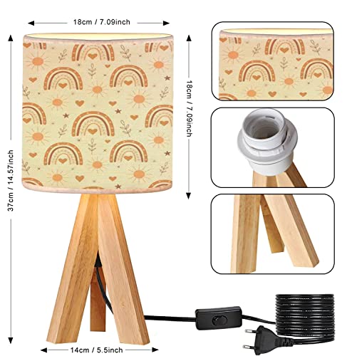 Tripod Bedside Desk Table Lamp Cute Boho Rainbow Seamless Sun Hearts Stars Terracotta Brown Peach For Wood Nightstand Lamp With Linen Fabric Shade For Nursery Bedroom Living Room Kids Room #TOP5
