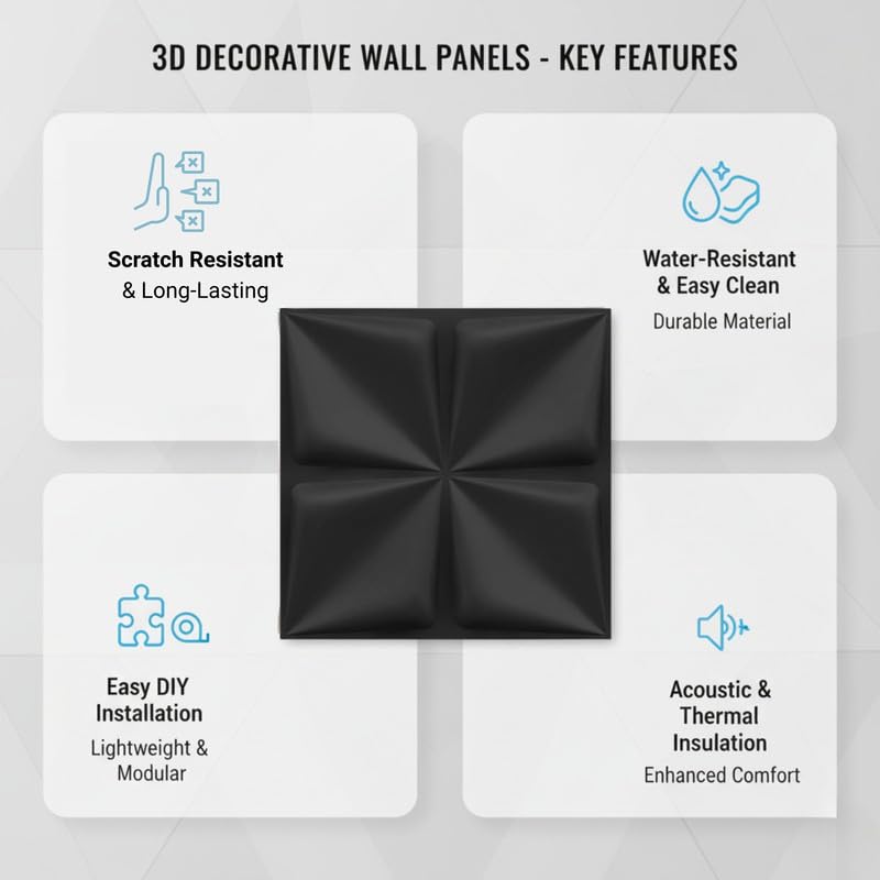 Image of Kayra Decor Wall Panels for Bedroom PVC Bloom Design, Black Color 19.7 inch x 19.7 inch (Pack of 18) - Covers 48.51 Sq. Ft.