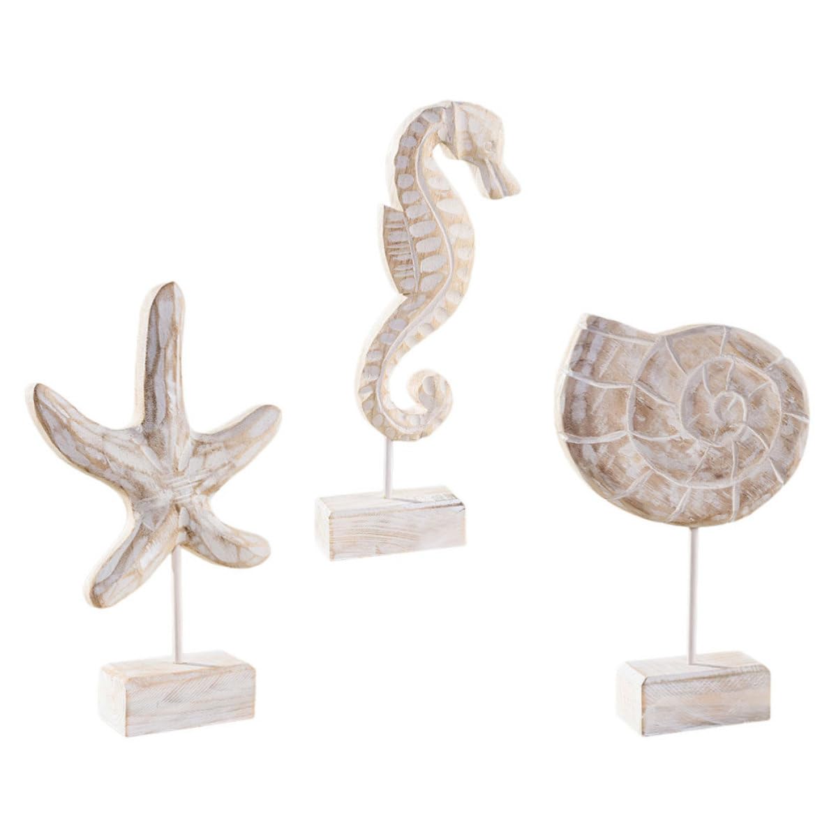 Decoración Verano Juego de 3 Piezas de Madera Estilo Mediterráneo, Adorno de Figura Marina, Caballito de Mar y Caracola para Decoración de Mesa y Hogar