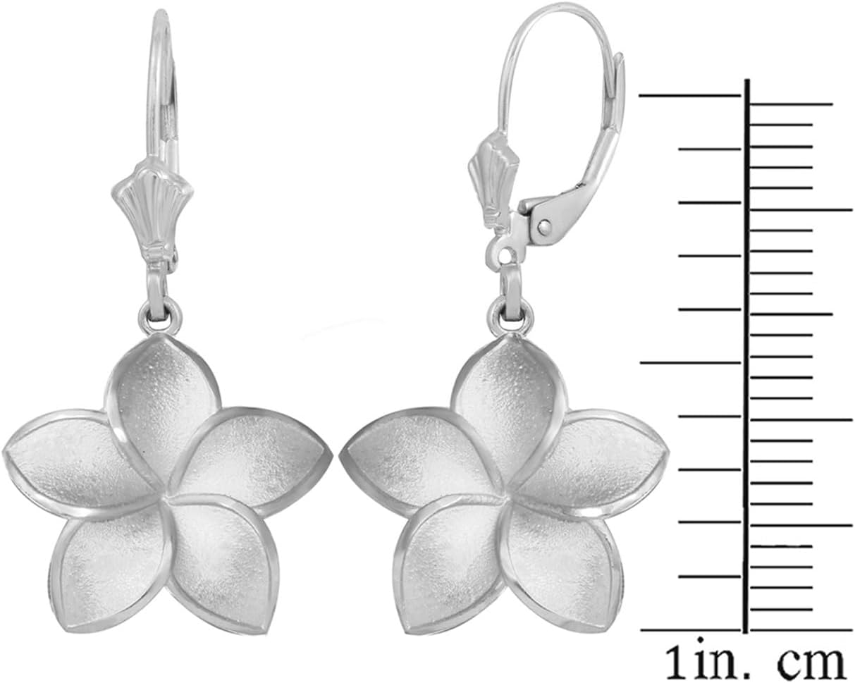 .925 Sterling Silver Hawaiian Plumeria Flower Leverback Dangle Earrings | Available in S/M/L