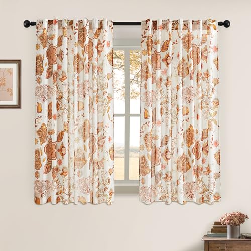 Image of XiDi Terracotta Floral Curtains 63 inch Length 2 Panels Set for Living Room Back Tab Vintage Floral Boho Farmhouse Bedroom Curtains Pretty Flower Patterned Linen Drapes 52x63