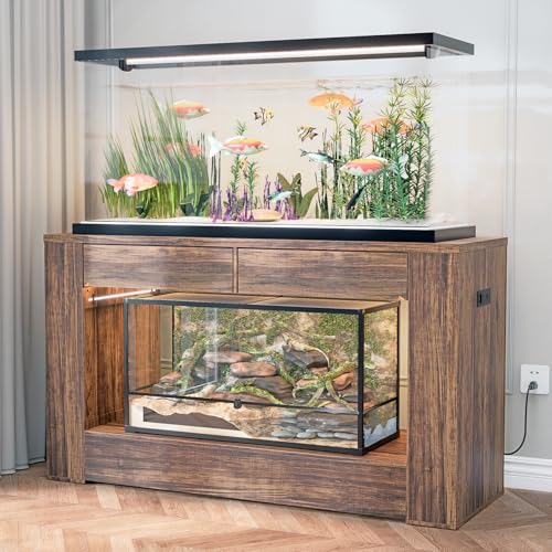 FUXJUM 55–75 Gallon Aquarium Stand for Fish Tank & Turtle ,Reptile,Amphibian Terrariums, MDF Tabletop & Drawers, Reinforced Metal Frame, LED Lighting, Power Outlets (Rustic Brown)
