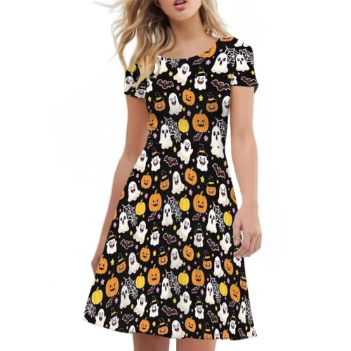 Image of HUGS IDEA Womens Puffy Swing Midi Dress Round Neck Short Sleeve Party A-Line Dresses