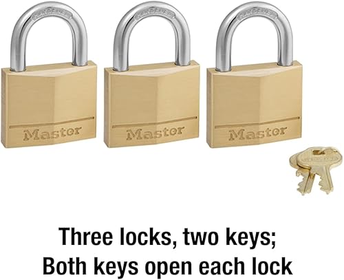 Miniatura 4 de Master Lock 140TRI Candado de latón macizo con llave, paquete de 3, dorado
