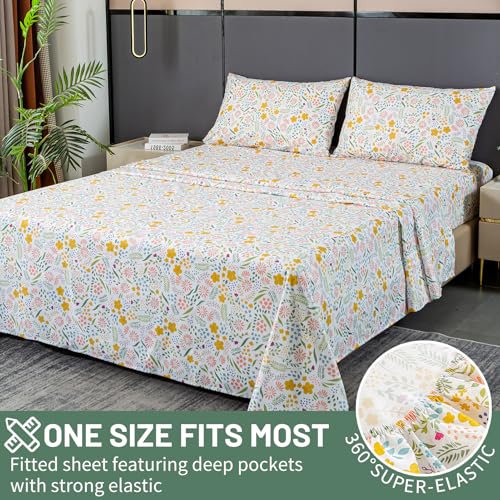Bedlifes Queen Size Extra Deep Pocket Sheet Sets - Fits Mattresses Up to 18-24" Thick, 4-Piece Microfiber Set with 1800 Thread Count, Soft, Smooth, Breathable, Featuring Floral