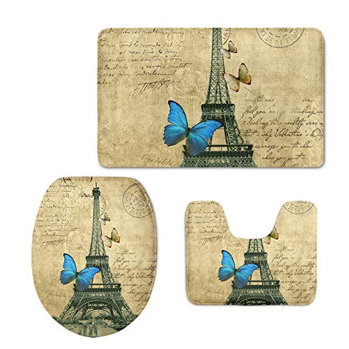 Coloranimal Vintage Paris Eiffel Tower Pattern Home Bathroom Accessories Set, 3 Piece Bath Mat + Lid Toilet Seat Cover+ Flannel Carpets, Machine Washable