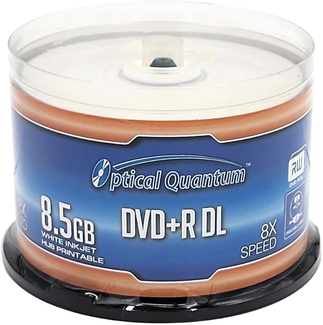 Optical Quantum 8X 8.5GB DVD+R DL White Inkjet Printable Double Layer Recordable Blank Media, 50-Disc Spindle OQDPRDL08WIP-H