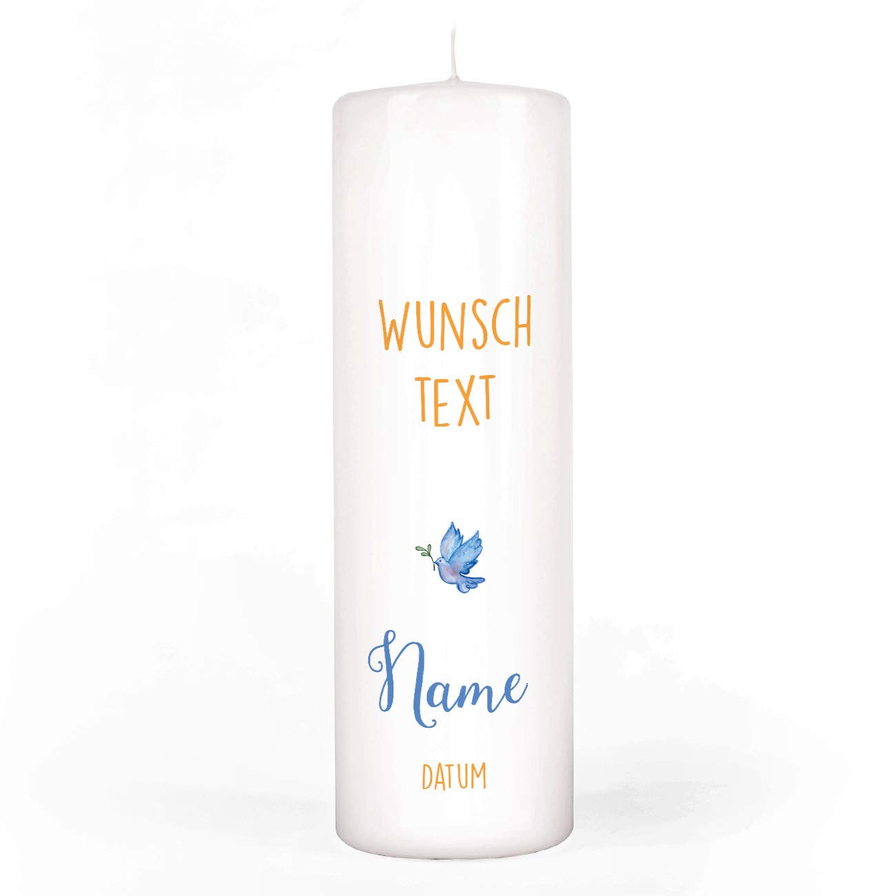 Striefchen® Taufkerze mit Taube und Ölzweig bedruckt mit Namen u. Taufdatum sowie eigenen Taufspruch 8 x 25 cm