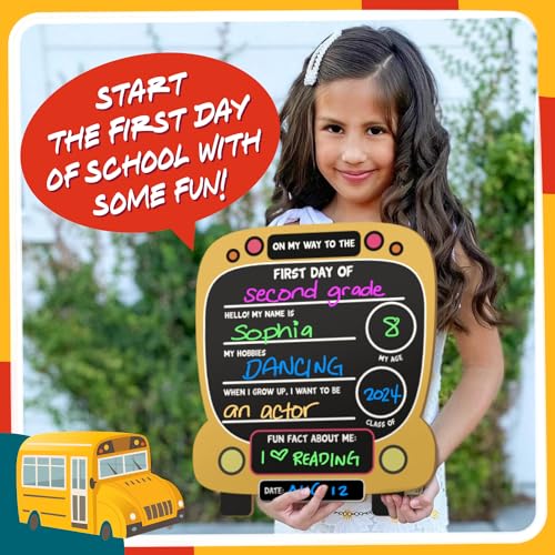 First Day School Board for Kids (11 x 13) - Kids Drawing Chalkboard | My Back to School Sign for Toddlers, Special Moments Photo Prop, Gifts for Ages 3, 4, 5, 6, 7 + 5 Chalk Pens