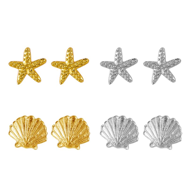 4 Pairs Earrings Set Clam Shell Starfish Conch Sea Shell Charm Cowrie Earrings for Women Pearl Stud Earring Summer Beach Ocean Starfish Jewelry