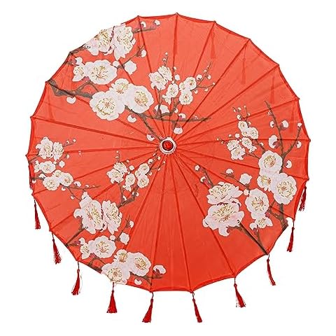 THY COLLECTIBLES Classic Chinese Art Asian Style 33" Silk Parasol Umbrella with Tassels for Wedding Parties, Photography, Costumes, Cosplay, Decoration And Other Events (Red with Flowers) Cover