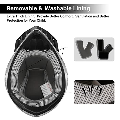 Image of XFMT Youth Dirt Bike Helmet DOT Kids Full Face Helmet for Motocross ATV Off-Road Street Bike Four Wheeler with Goggles & Gloves, Black White Firework Small