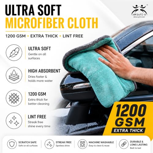 Image of AM Safe-X Premium Microfiber Cleaning Cloth 1200 GSM 40x40cm Aqua Blue & Grey | Ultra Thick Dual-Sided Car Drying Towel | Super Absorbent, Lint-Free & Scratch-Free | Multipurpose Microfiber Cloth