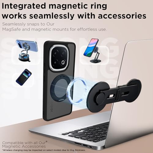 Image of RIGGEAR Shockproof Sleek Hybrid Armor 360 Rotating Magnetic Ring Stand Back Cover Case Compatible with MagSafe Accessories for iQOO 13 5G (Smoke Black Matte PC and Black TPU Bumper)