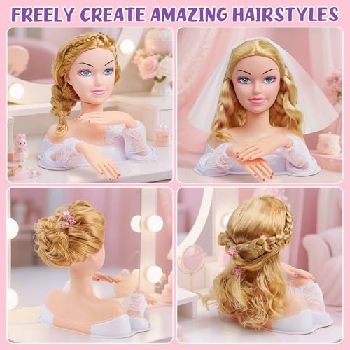 vamei Braut Schminkpuppe Frisierkopf Kinder, Schminkkopf Spielzeug Set mit Haartrockner, Schminke, Nagelaufkleber, Haarstyling Zubehör & Kopf mit Schleier, Stylingkopf Geschenk für Mädchen 3+ Jahren