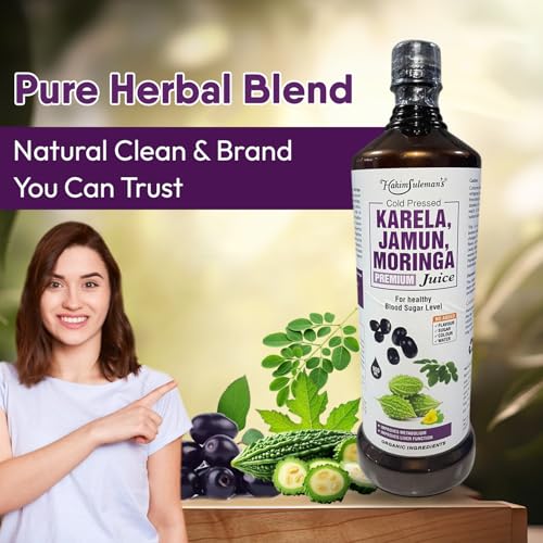 Image of Hakim Suleman's Cold Pressed Karela Jamun Moringa Juice - Natural Herbal Drink, Supports Blood Sugar & Immunity, No Added Sugar, Preservatives or Artificial Flavours - 900 ml (Pack of 2)