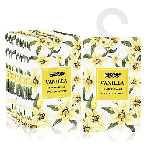 MYARO Vanilla Scented Sachets for Drawer and Closet, 12 Pcs Sachets Bags Long-Lasting Air Freshener Fresh Scents, Hanging Potpourri Bags Home Fragrance Sachet for Lover