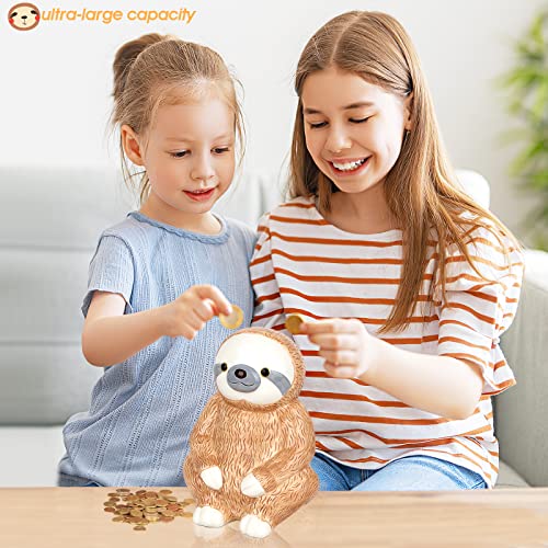 Image of Winsterch Ceramic Piggy Bank, Brown, Sloth Money Bank for Kids & Adults | 7.87 x 5.9 Inches, Large Capacity, Cute, Combines Educational and Decorative Functions, Saving Box Coin Bank Gift for Girls
