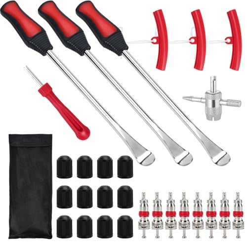 mobumeia Desmontadora de Neumáticos, 29 Piezas Desmontar neumaticos, Palancas Neumaticos Moto con 3 Protectores de llanta, 1 núcleo de válvula y 10 Tapas de neumáticos para Moto, Bicicleta