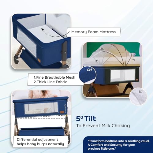 Image of Baby Comfortable 6-in-1 Baby Cot, Crib, Bedside Bassinet, Adjustable Height, Mosquito Net, Storage Basket, Wheels, and Mattress | Easy Folding, Unique Design-Blue | Breathable Cloth