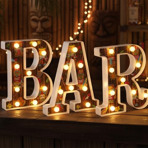Image of Aurelema 8.6 X6.7 x 1.5 Inch Tiki Bar Sign Tiki Party Table Decorations Marquee Letters Light up LED Table Centerpiece Hawaii Luau Aloha Decor for Summer Tropical Pub Outdoor Patio Wall Party Supplies