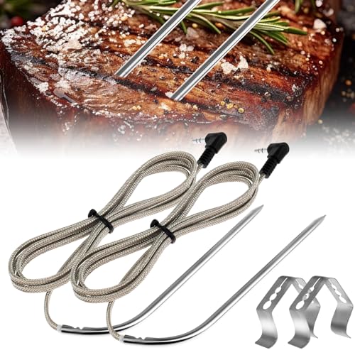 VAVPUP 2 sondas de carne de repuesto con 2 pinzas de sonda, conector macho de alta temperatura, sonda de carne de alimentos, para fumar, sonda de termómetro Mühelo (paquete gráfico)