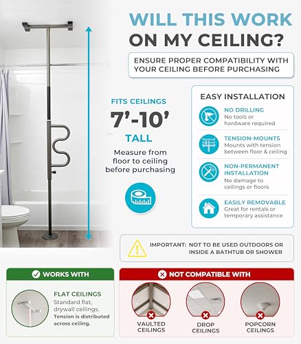 Image of Stander Wonder Pole Plus with Rotating Double Grab Bar, Tension Mounted Security Pole for Seniors & Elderly Adults, No-Drill Floor to Ceiling Transfer Pole for Home & Bath Safety, Graphite