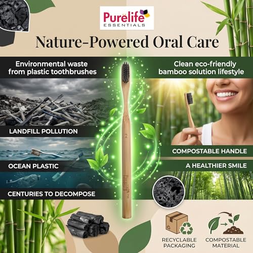 Image of Purelife Essentials Nano Bamboo Toothbrush | Ultra Soft Charcoal Infused Floss-Tip Bristles, BPA-Free, Sustainable Bamboo Handle, Eco-Friendly Packaging, Gentle Deep Cleaning for Sensitive Teeth & Gums for Unisex