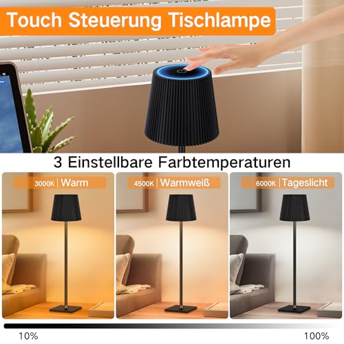  OUTON Kabellose Tischlampe Touch Dimmbar Schwarz für Wohnzimmer
| OUTON LED Tischlampe mit USB-C Akku und IP54 Schutz
|