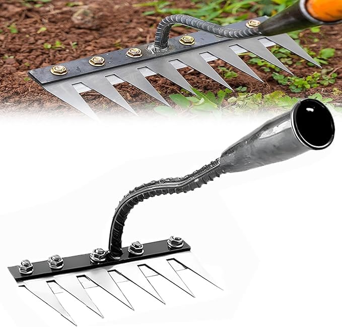 Weeding Rake - 6 Teeth Carbon Steel Manual Tools Heavy Duty Iron Garden Rake 2.0 with Metal Tines -Sharp Durable Gardening Weeding Tools