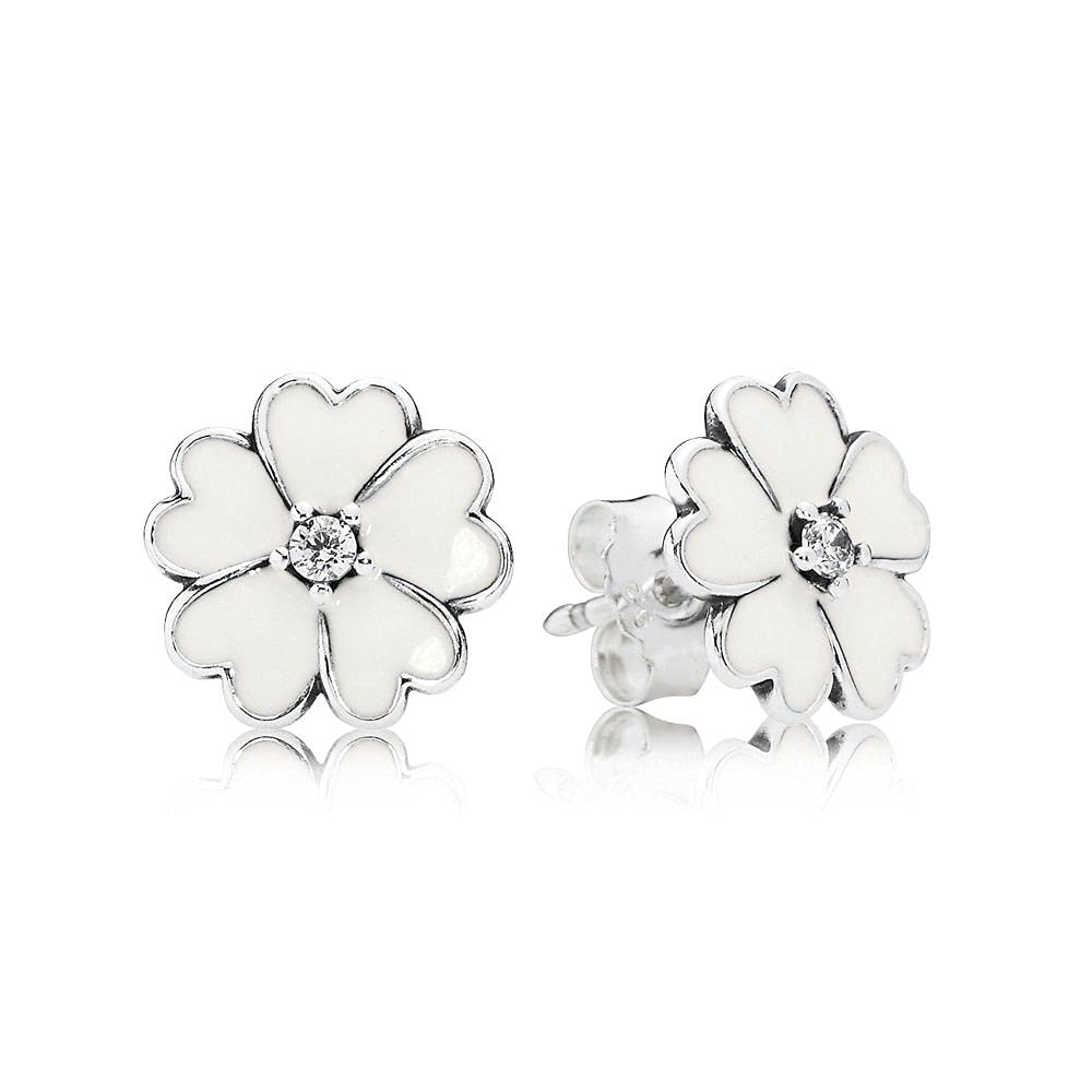 Bluebird Pendientes pegados, modelo Primule Bianche, de plata de ley 925, con circonitas cúbicas y esmalte blanco