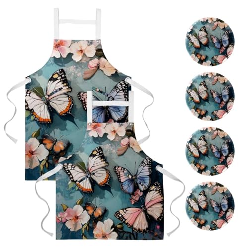Lot de 2 tabliers de cuisine à fleurs roses avec 4 broches taille unique