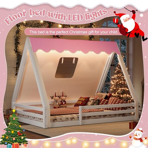 Image of CZBZ Full Size House Floor Bed with Canopy Tent and LED Lights, Wood Teepee Montessori Floor Beds Frame with Guardrails for Kids, Playhouse Design for Safe Sleep & Imaginative Play